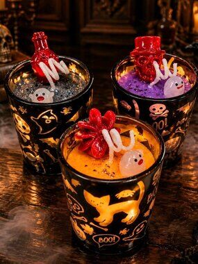 Artisan One Moon Flame Ghouls Night Out Halloween Pumpkin Shot Glass Candle Set